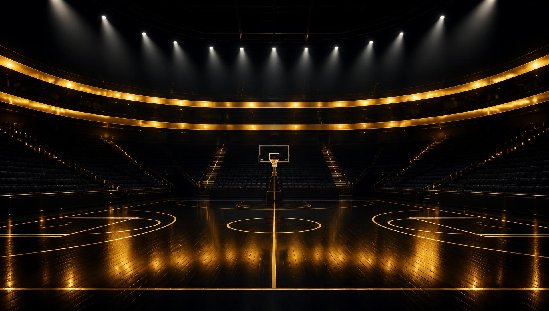 Dark professional basketball arena illuminated by red league lights